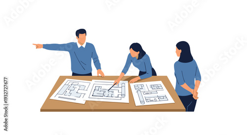 Three people reviewing architectural blueprints on a wooden table.