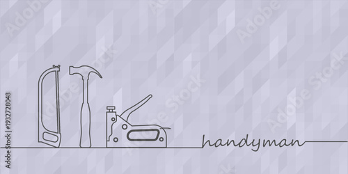 Professional handyman services concept in gray. Vector banner template with silhouette  repair tools on polygonal background and text space.  Repair tools  for your web site design, app, UI. EPS10.