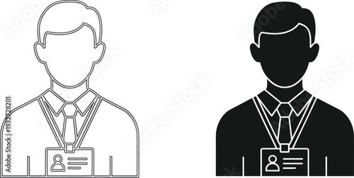 Business employee avatar with ID badge icon set, corporate staff identification concept, outline and solid vector illustration