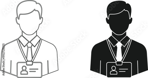 Business man avatar with ID badge icon set, employee identification concept, corporate staff profile outline and solid vector