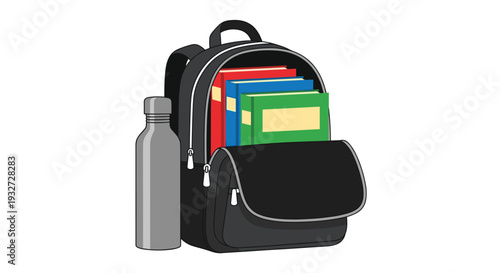 A modern black backpack with colorful books inside its open compartment and a tall grey water bottle standing beside it is displayed on a white background.