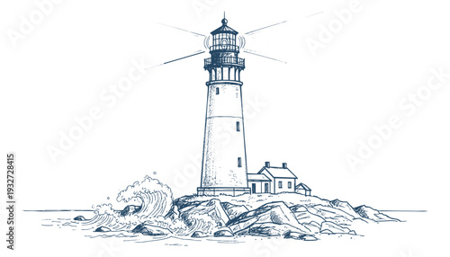 Lighthouse on rocky coast with waves. beacon of hope and guidance. vector illustration in sketch style