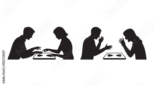 Silhouette of people playing table tennis in competitive spirit with dramatic lighting on white background for sports illustration