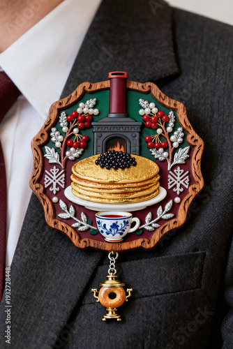Cozy Russian Blini with Caviar by Stove, Folk Art Breakfast Background, Festive Wallpaper