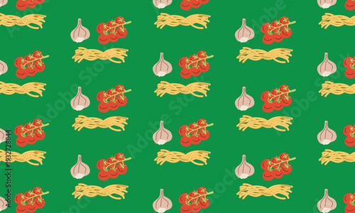 Italian food pattern background with pasta, garlic and tomatoes illustrations