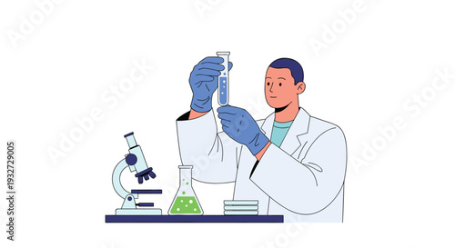 An illustrated scientist in a lab coat holds a test tube with blue liquid.