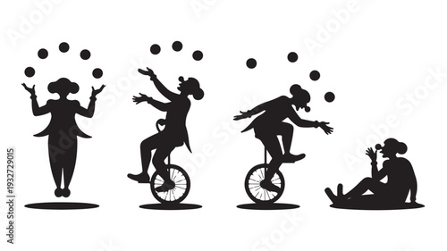 Circus Performers Silhouettes in Dynamic Movement with Black Shadows on White Background for Entertainment