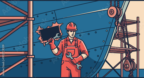 An illustrated worker in red overalls uses wrenches to repair a hole in a blue ship hull with scaffolding nearby, indicating construction or repair work on maritime vessel.