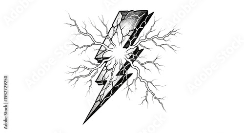 Abstract lightning bolt with radiating cracks and energy bursts, black and white.