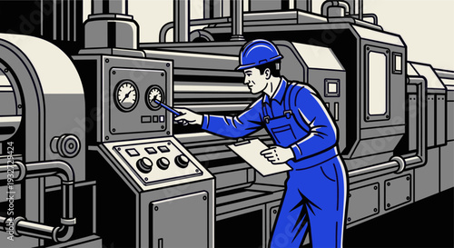 A stylized illustration of a factory worker in blue overalls inspecting a gauge on a large industrial machine, with a clipboard in hand, creating a sense of diligent quality control.