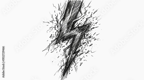 Hand-drawn lightning bolt sketch shattering, dynamic energy symbol, black ink on white