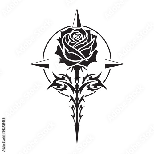 Gothic black rose flower with compass star tattoo