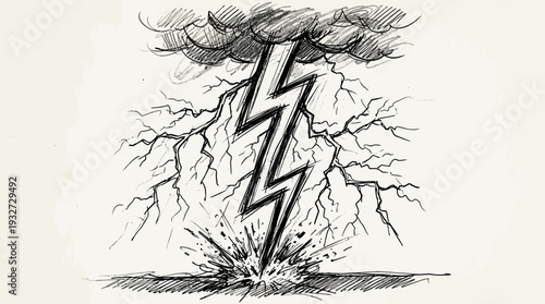 Hand-drawn lightning strike hitting the ground, dark clouds above