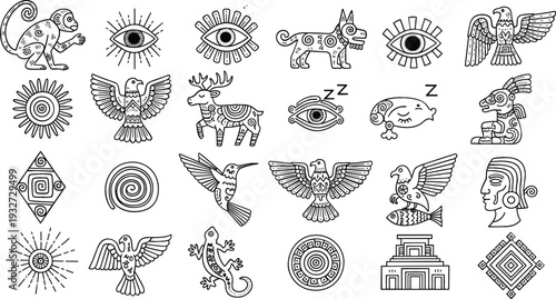 Ancient tribal and ethnic symbols doodle vector set with eyes, animals, birds, sacred icons, and mystical elements in hand drawn line art style