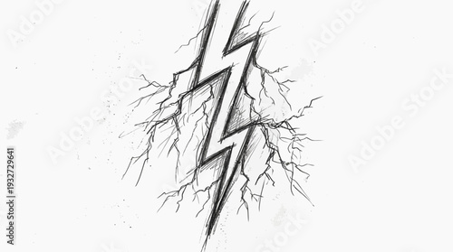 Lightning strike sketch with cracks on white background