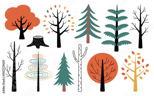 Collection of stylized trees and a tree stump in autumn colors and forest green nature