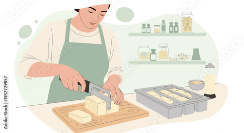 Artisan making soap, cutting soap bars, handmade hygiene products, crafting process