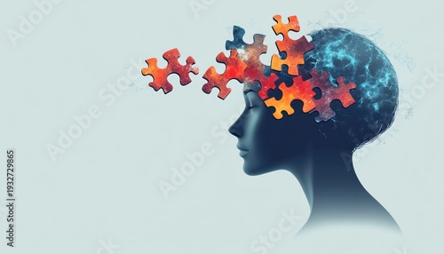 Wallpaper Mural silhouette profile with a glowing electric brain and fiery puzzle pieces drifting outward, conveying fragmentation, scattered thoughts and introspective anxiety Torontodigital.ca