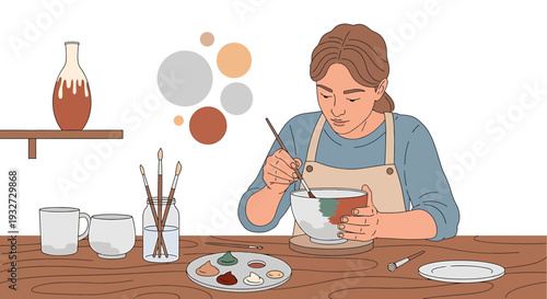 Artist painting ceramic bowl with colorful glazes, creative hobby, studio setting