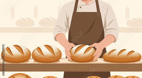 Baker Arranging Freshly Baked Artisan Bread Loaves on a Shelf