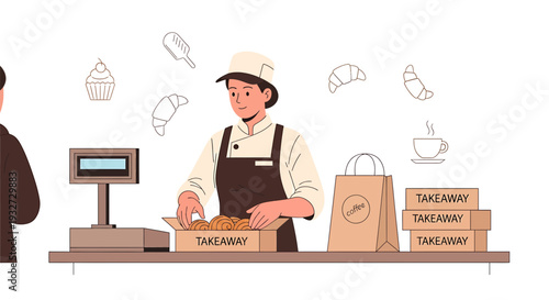 Baker preparing takeaway orders with pastries and baked goods in a shop