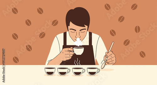 Barista tasting coffee, smelling aroma, coffee beans background, professional jobdesk