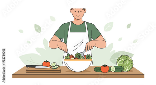 Healthy Eating: Man Prepares Fresh Salad, Cooking, Lifestyle, Organic Food Preparation