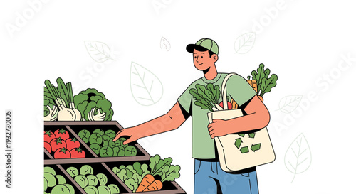 Man choosing fresh vegetables at grocery store with reusable bag