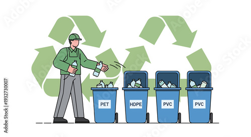 Man Recycling Plastic Bottles into Designated Bins - PET, HDPE, PVC