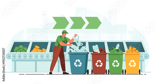 Recycling worker sorts waste into colored bins at processing plant