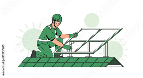 Solar panel installer working on rooftop installation, renewable energy concept