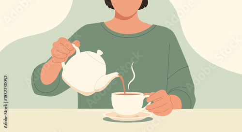 Woman pouring hot tea from teapot into cup, cozy beverage break, calm lifestyle