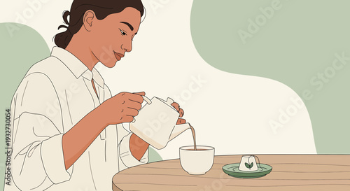 Woman pouring tea from teapot into cup, enjoying a relaxing break