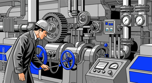 An engineer in a hard hat and suit is operating machinery in an industrial plant full of gauges, pipes, and levers, depicted in a graphic style with gray and blue.