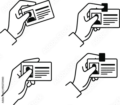 Hand holding ID card icon set, identity verification concept, identification badge security check, outline vector illustration collection