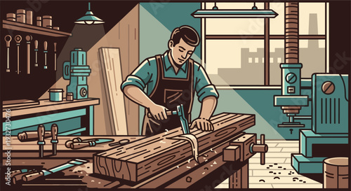Illustration of a man carefully carving wood with a chisel and hammer in a traditional workshop setting, with tools and a machine in the background.