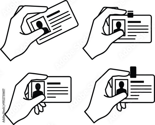 Hand holding ID card set outline vector, identity verification concept, personal identification badge, security check, minimal line illustration
