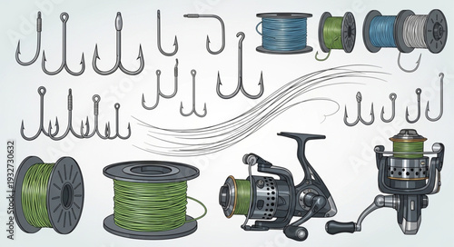 Fishing gear assortment - hooks, reels, and spools, essential equipment for anglers.