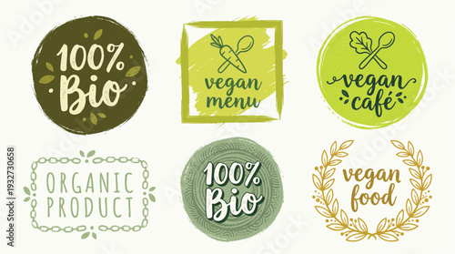 Organic and Vegan Food Labels Collection in HandDrawn Brush Style Featuring Bio Certification, 100 Percent Pure, Vegan Menu, Organic Product, and Cafe Badges