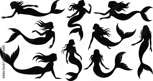 Black mermaid silhouettes illustration, fantasy sea icons, mythical aquatic characters, graceful swimming poses, folklore design, ocean mythology art, mystical underwater creature graphics