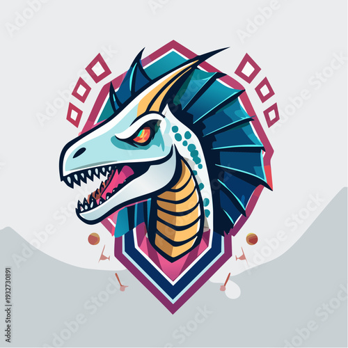 3D esports logo of a Parasaurolophus with a glowing crest and tribal patterns