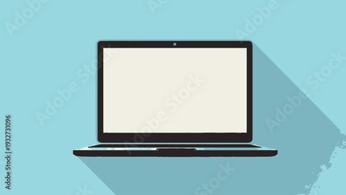Flat design laptop computer with blank screen on blue background