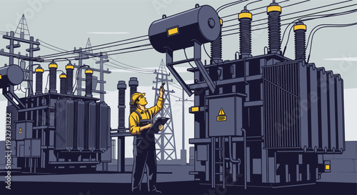 Vector illustration depicting an electrical worker in overalls and hardhat inspecting a large transformer at a power substation, holding a clipboard with other transformers in the background.
