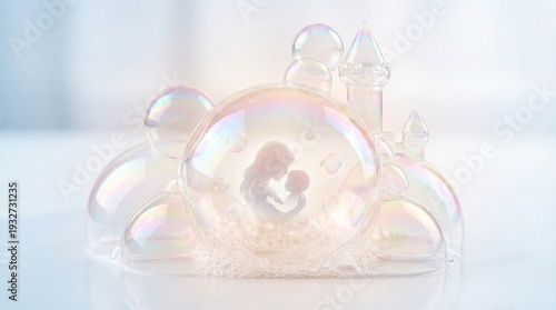Delicate soap bubble sculpture of mother holding child with castle  