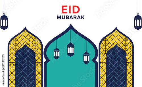 Ornamental Islamic archways featuring intricate yellow lattice patterns frame a central teal space hung with three traditional dark.