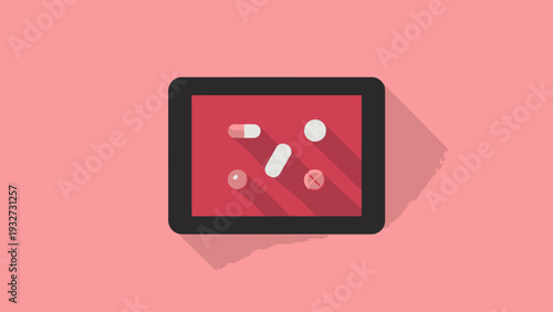 Modern digital health concept with various pills displayed on a sleek tablet device, illustrated in a bold flat design icon style