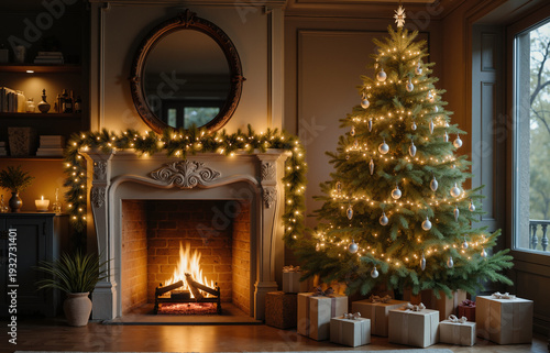 Cozy Christmas Interior – Glowing Tree with Presents and Fireplace for Holiday Decor Inspiration and Festive Home Scenes