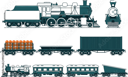 Vintage steam locomotive and freight train vector illustration set with wagons, cargo cars, and classic railway transport elements for industrial and transportation designs