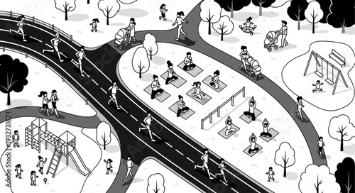 People exercising and practicing yoga on a road in a park setting.