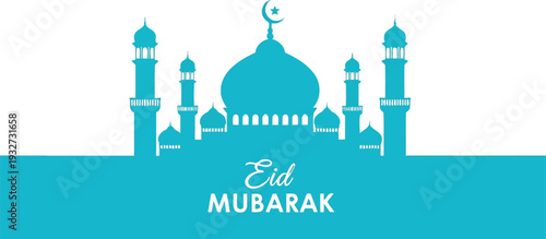 Simple cyan graphic displays a central mosque silhouette with prominent domes and minarets above the text Eid Mubarak.